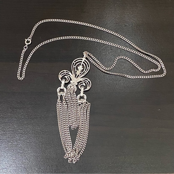 70s SARAH COVENTRY Grecian Silver-tone Fleur De Lis Tassel Draped Chain Necklace - Picture 4 of 14